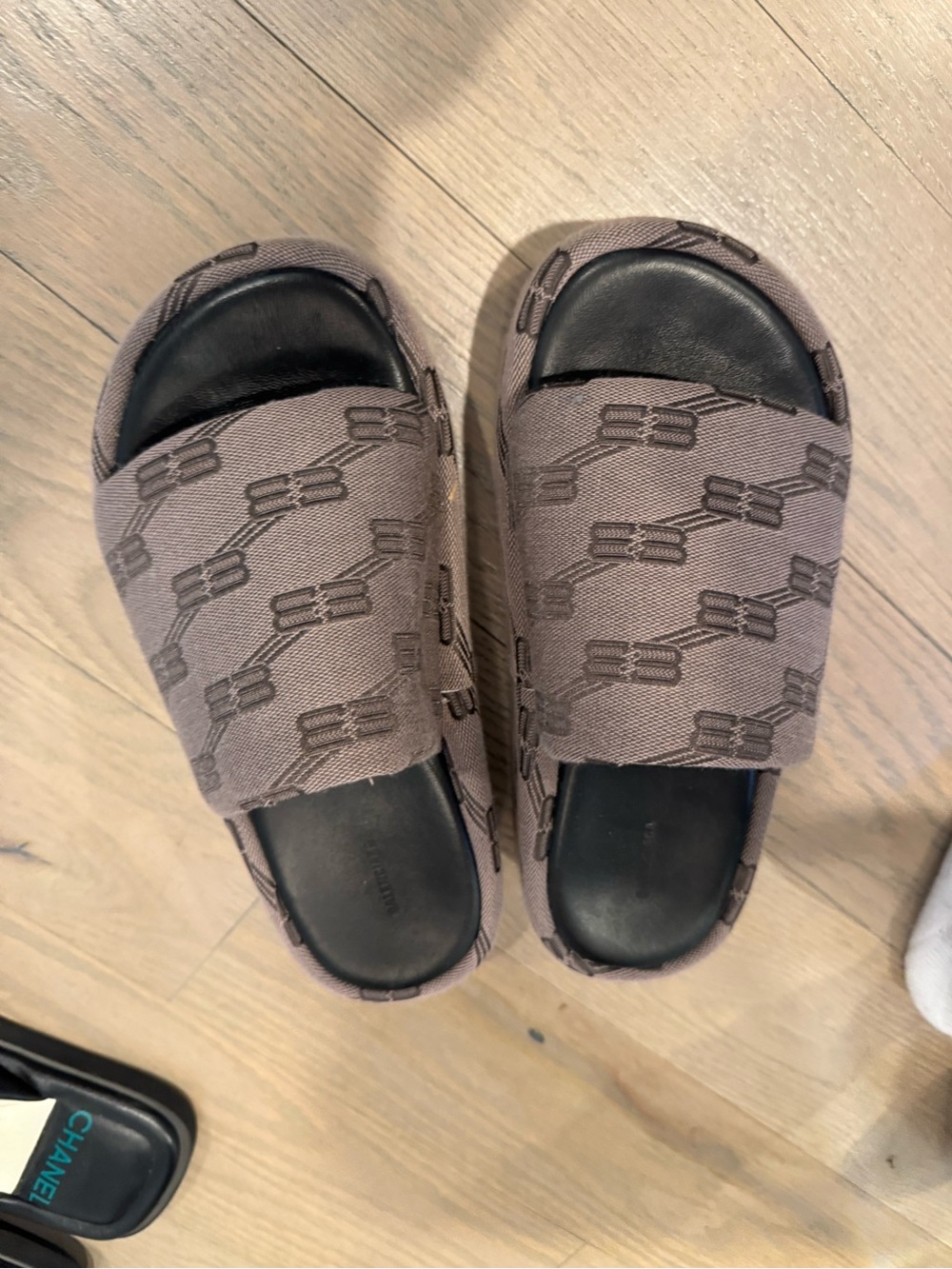 Balenciaga Taupe Monogram Slide Sandals with Black Footbed